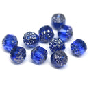 8mm Dark blue cathedral beads Czech glass silver ends fire polished beads 10Pc