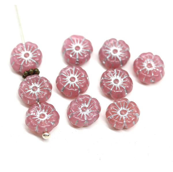 8mm Pink silver hibiscus flower czech glass, 10pc