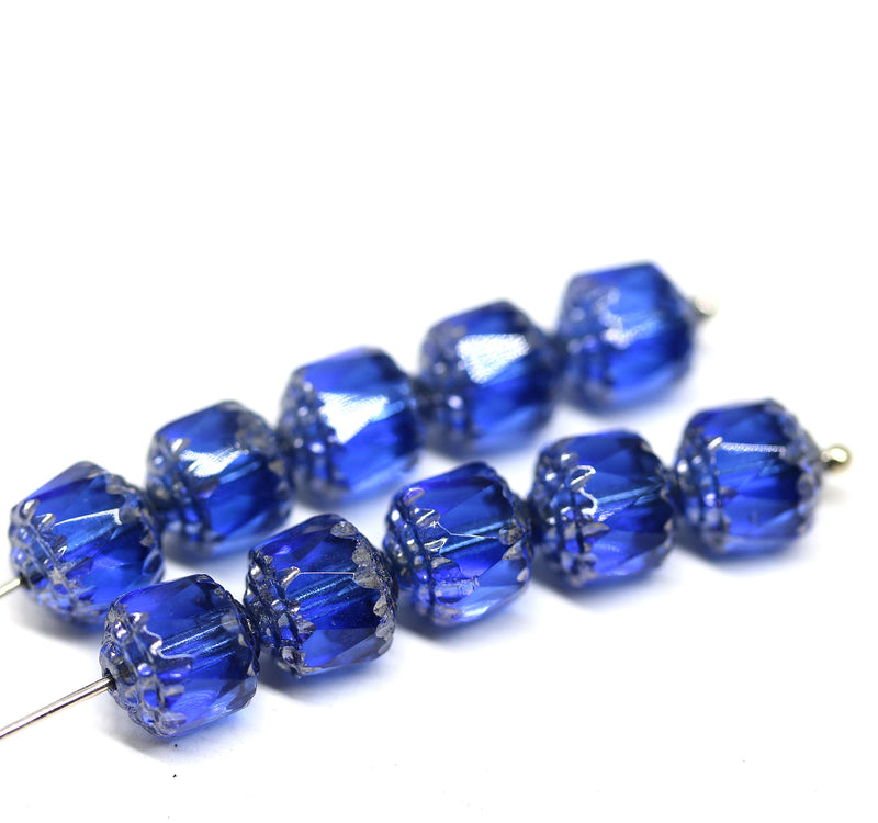 8mm Dark blue cathedral beads Czech glass silver ends fire polished beads 10Pc