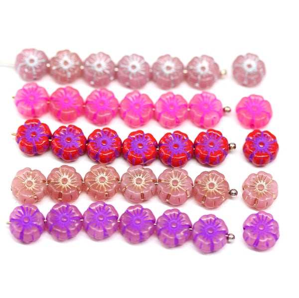 8mm Pink silver hibiscus flower czech glass, 10pc