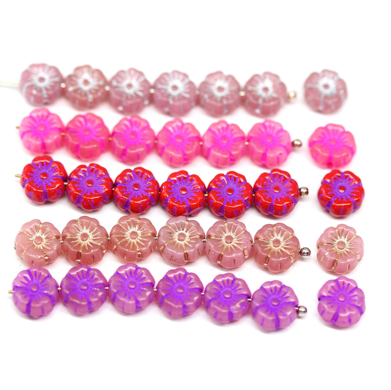 8mm Pink silver hibiscus flower czech glass, 10pc