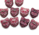 10pc Brown cat head beads with rustic red wash