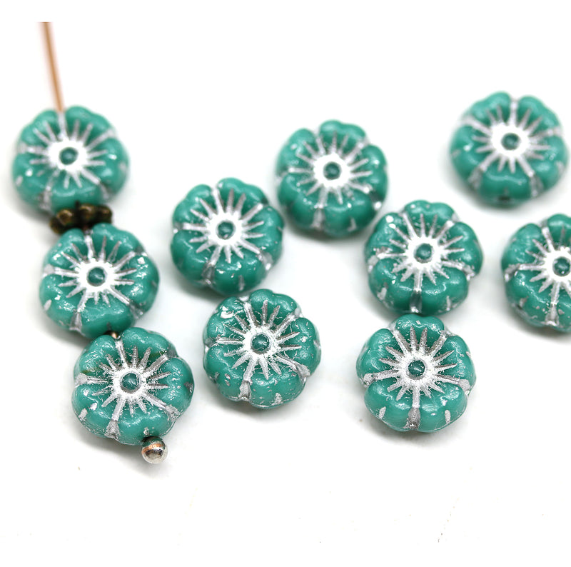 8mm Turquoise green silver hibiscus flower czech glass, 10pc