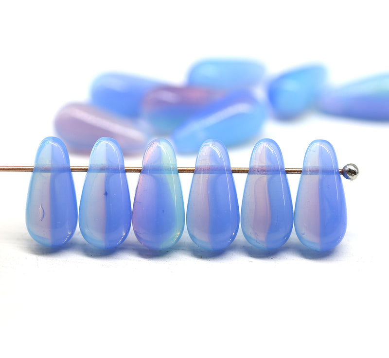 6x13mm Opal blue pink long teardrop czech glass beads, 15pc