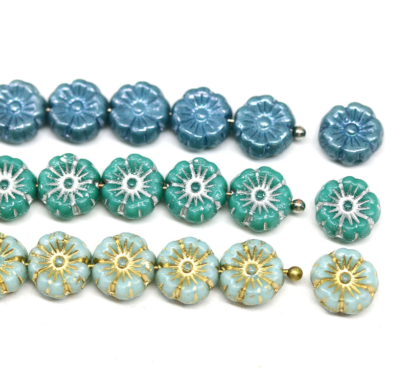 8mm Turquoise green silver hibiscus flower czech glass, 10pc