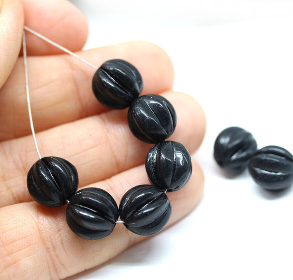 10mm Black round melon shape glass beads - 10Pc