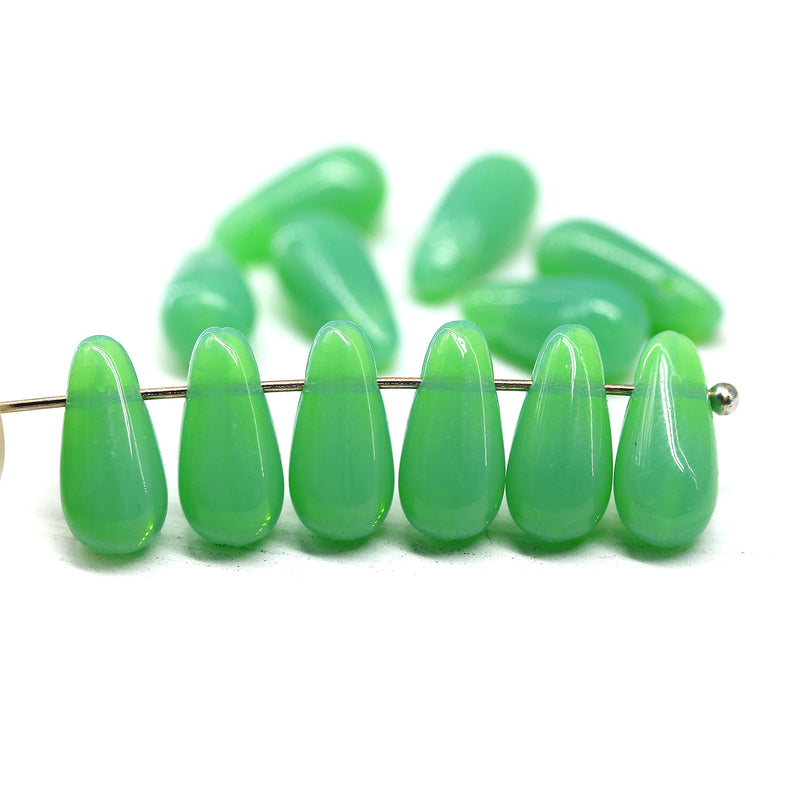 6x13mm Opal apple green teardrop czech glass beads, 15Pc