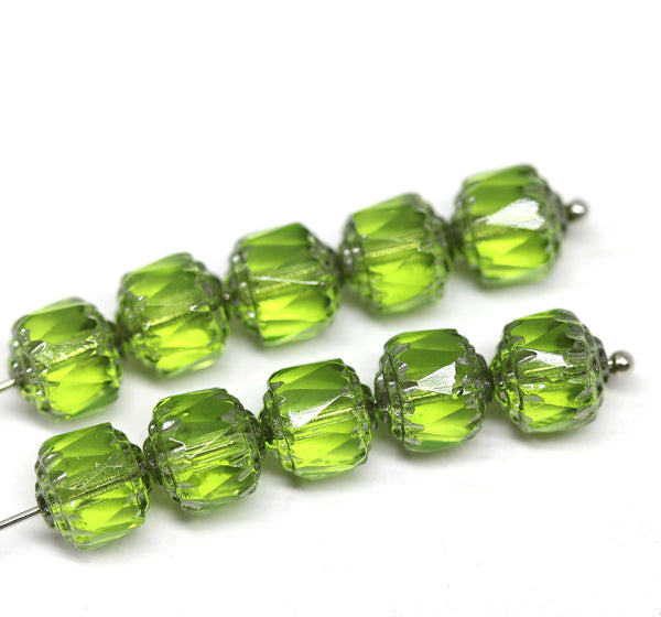 8mm Olive green cathedral beads Czech glass silver ends fire polished beads 10Pc