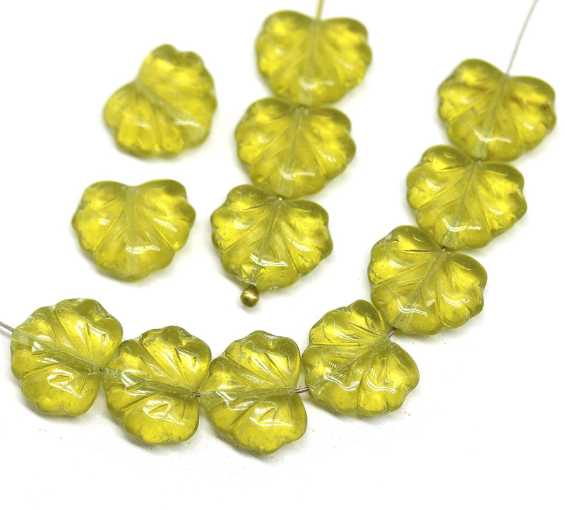11x13mm Light olivine maple leaf czech glass beads, 15pc