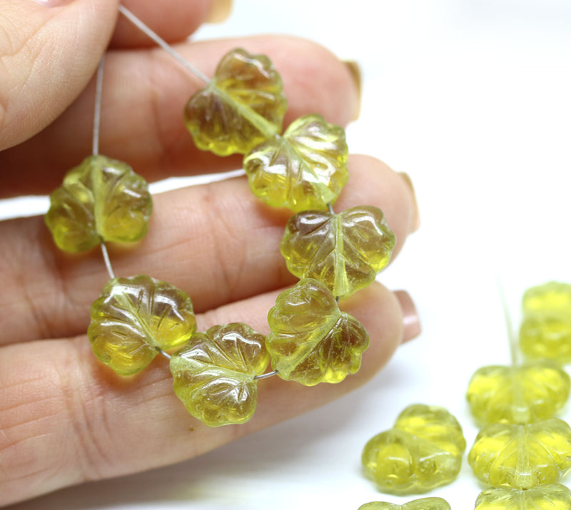 11x13mm Light olivine maple leaf czech glass beads, 15pc