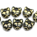 11mm Black cat head beads, Gold inlays Czech glass feline beads, 10pc