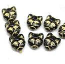 11mm Black cat head beads, Gold inlays Czech glass feline beads, 10pc