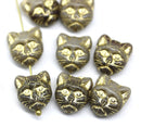 10pc Gray brown cat head beads with Golden wash