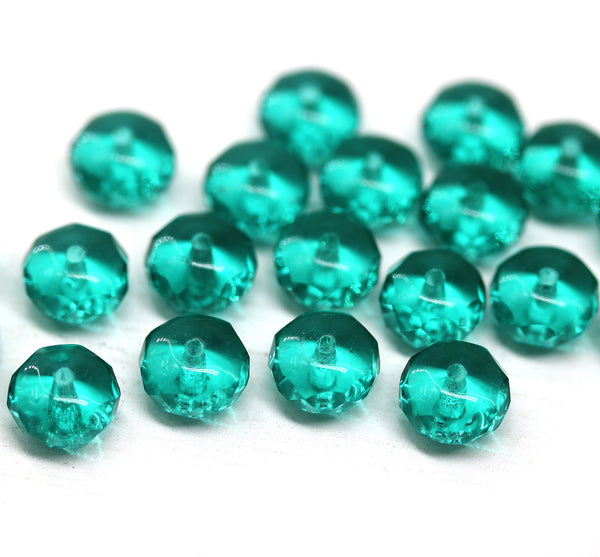 5x8mm Teal green Czech glass beads, Fire polished gemstone cut rondels, 20Pc