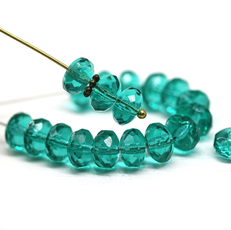 5x8mm Teal green Czech glass beads, Fire polished gemstone cut rondels, 20Pc
