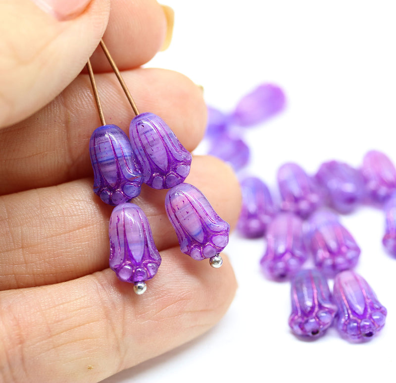 12x8mm Violet pink tulip Czech glass beads, 20Pc