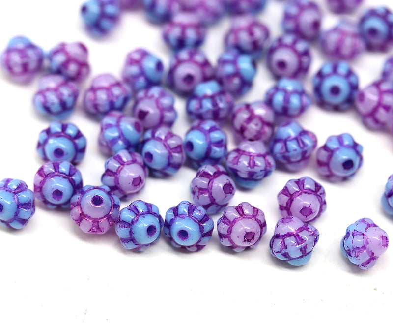 6mm Pink blue fancy bicone czech glass beads, pink wash, 50pc