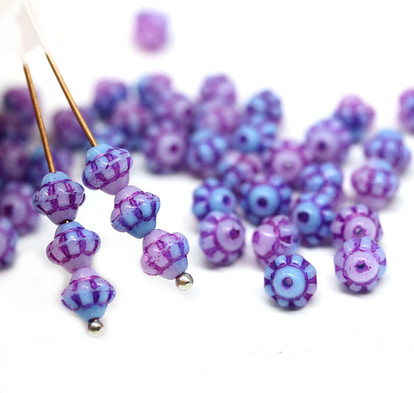 6mm Pink blue fancy bicone czech glass beads, pink wash, 50pc