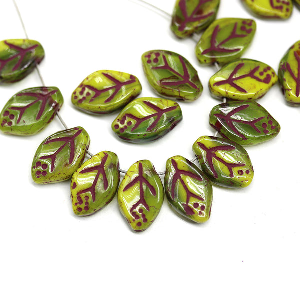 12x7mm Yellow green leaf beads purple inlays Czech glass 30Pc