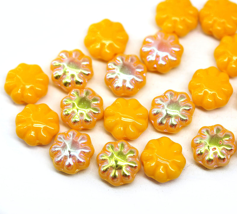 9mm Sunflower yellow flower czech glass flat daisy beads, AB finish, 20Pc