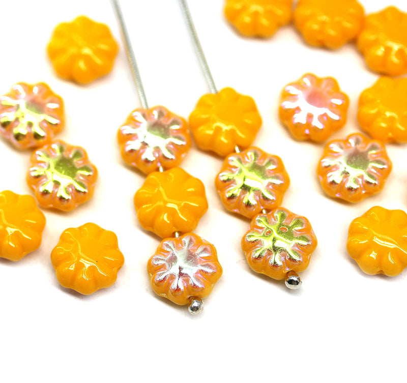 9mm Sunflower yellow flower czech glass flat daisy beads, AB finish, 20Pc