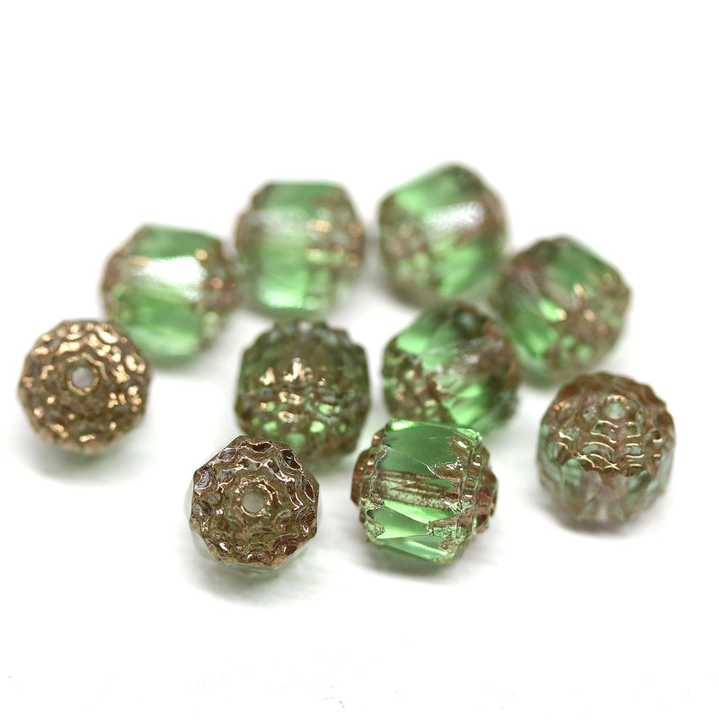 8mm Antique green cathedral beads golden ends 10pc