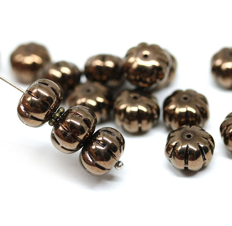 7x11mm Dark copper metallic rondelle Czech glass beads - 15Pc