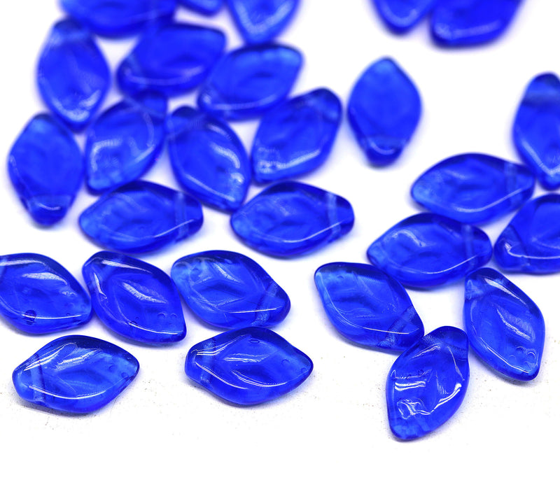 12x7mm French blue Czech glass leaf beads, 30pc