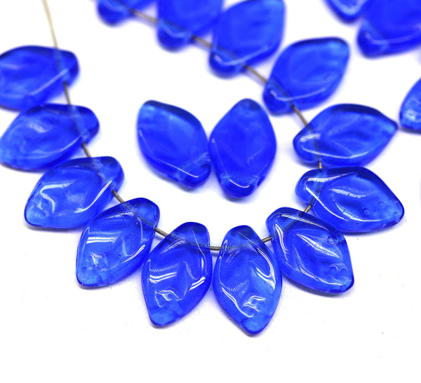 12x7mm French blue Czech glass leaf beads, 30pc