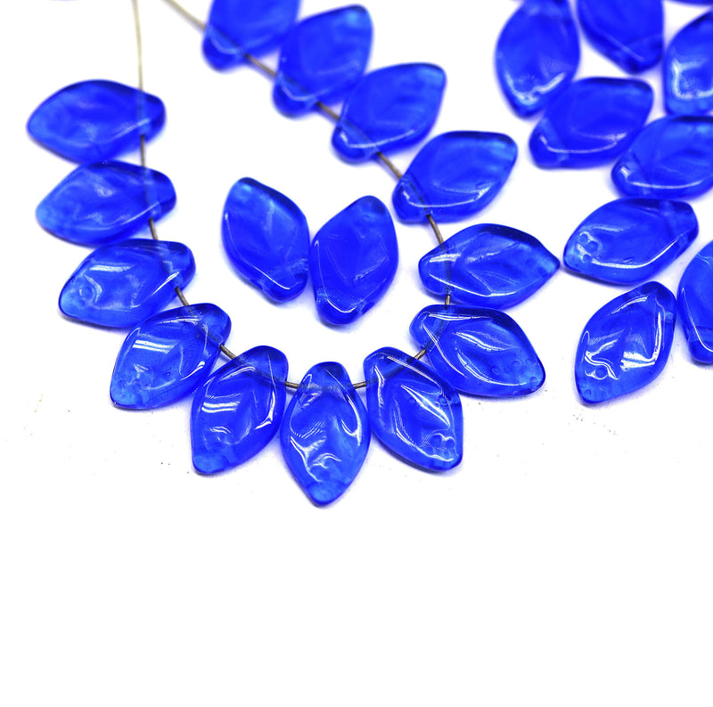 12x7mm French blue Czech glass leaf beads, 30pc