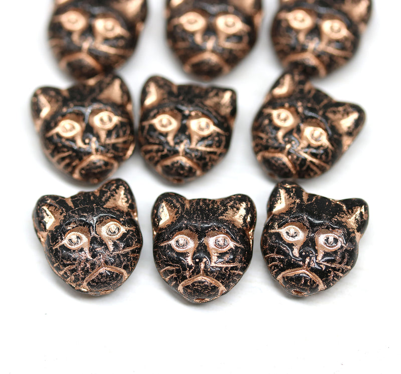10pc Black cat head beads, copper wash Czech glass feline beads