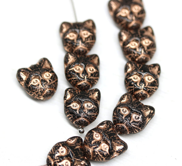 10pc Black cat head beads, copper wash Czech glass feline beads