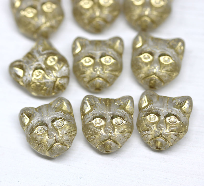 10pc Clear cat head beads, golden wash Czech glass feline beads