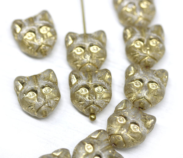 10pc Clear cat head beads, golden wash Czech glass feline beads