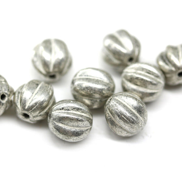 10mm Silver round melon shape glass beads silver wash, 10Pc