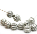 10mm Silver round melon shape glass beads silver wash, 10Pc