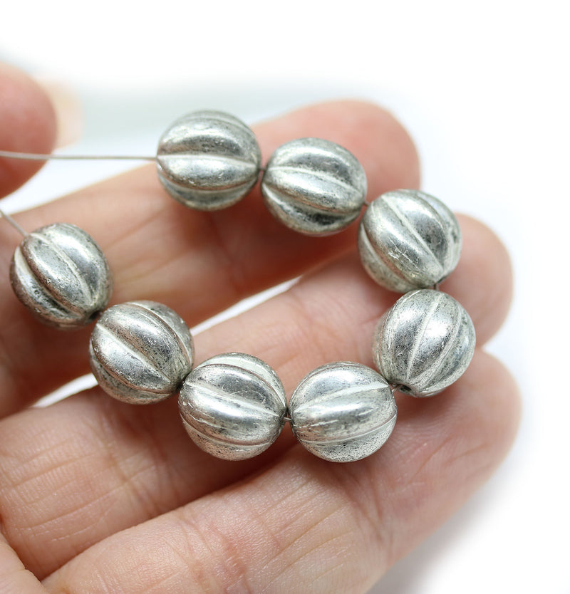 10mm Silver round melon shape glass beads silver wash, 10Pc