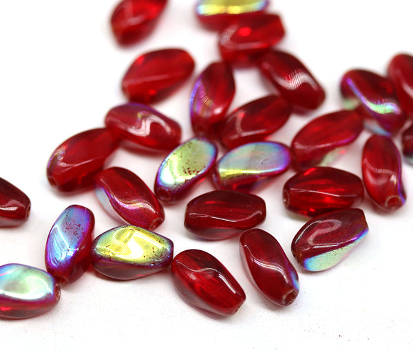 9x6mm Red lustered twisted oval czech glass beads, barrel druk pressed beads, 30pc