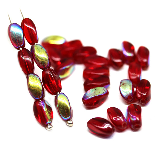 9x6mm Red lustered twisted oval czech glass beads, barrel druk pressed beads, 30pc
