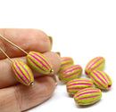 14x8mm Wasabi Green oval сarved Large czech glass barrel beads, pink wash, 8Pc