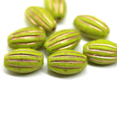 14x8mm Wasabi Green oval сarved Large czech glass barrel beads, copper wash, 8Pc