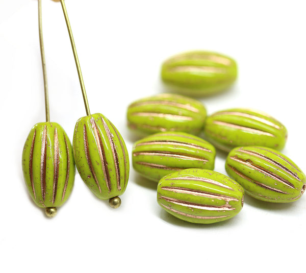 14x8mm Wasabi Green oval сarved Large czech glass barrel beads, copper wash, 8Pc