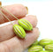 14x8mm Wasabi Green oval сarved Large czech glass barrel beads, copper wash, 8Pc