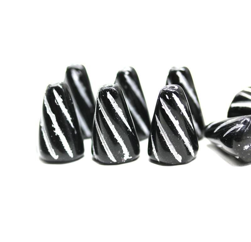 15x10mm Large cone black czech glass beads, silver inlays, 8pc
