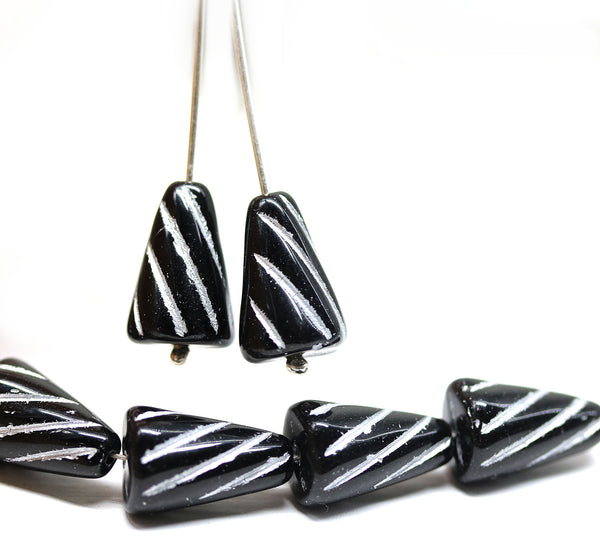 15x10mm Large cone black czech glass beads, silver inlays, 8pc