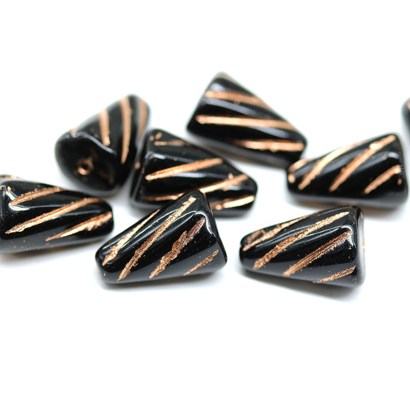 15x10mm Large cone black czech glass beads, copper inlays, 8pc