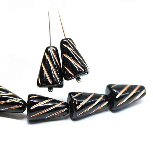 15x10mm Large cone black czech glass beads, copper inlays, 8pc
