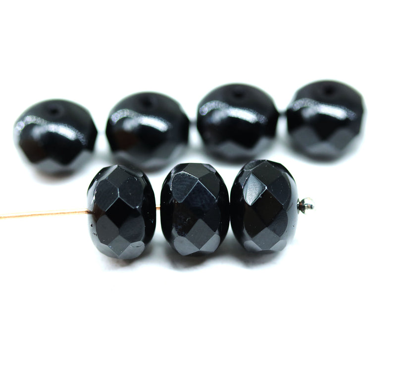 7x11mm Jet black puffy rondelle Czech glass beads, 8pc