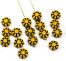 9mm Yellow Czech glass daisy flower beads, black inlays, 20pc