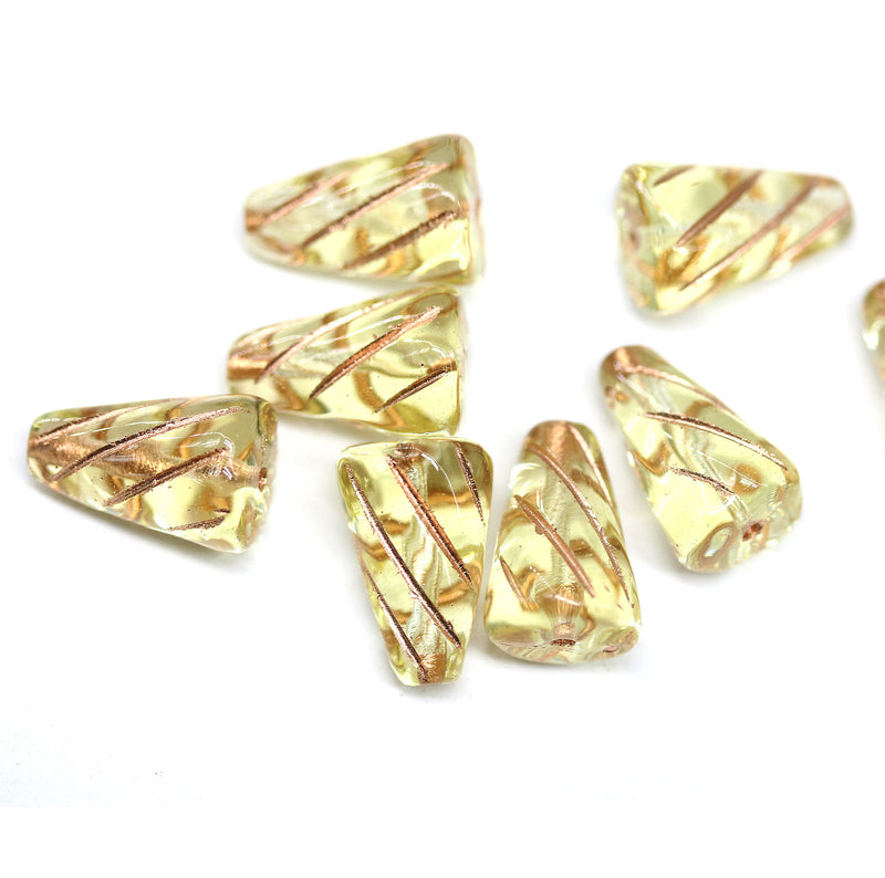 15x10mm Large cone pale yellow czech glass beads, copper inlays, 8pc